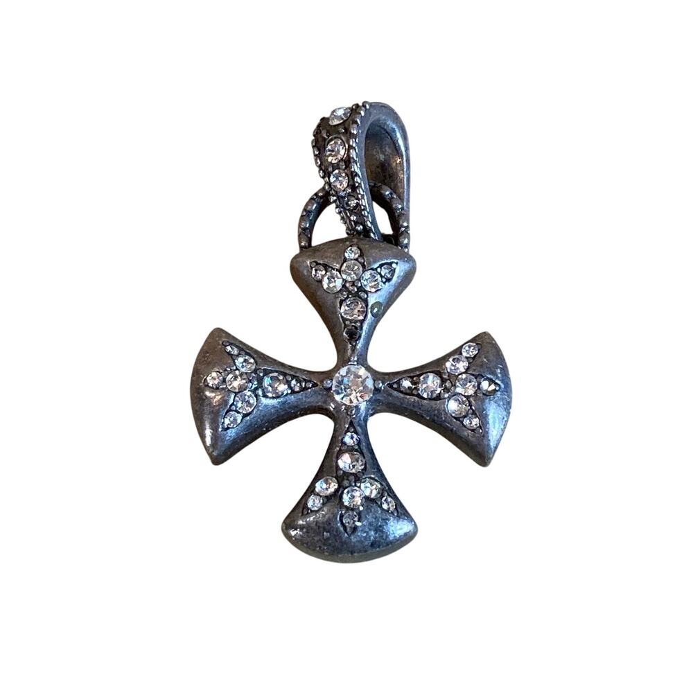 0080 Chunky Distressed Silver Tone Gothic Maltese Cross Pendant w/Pavé Crystals